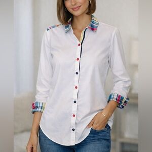 3/$25 Bariloche White Button-Down Shirt | Made in Spain | Plaid Trim | Size 10